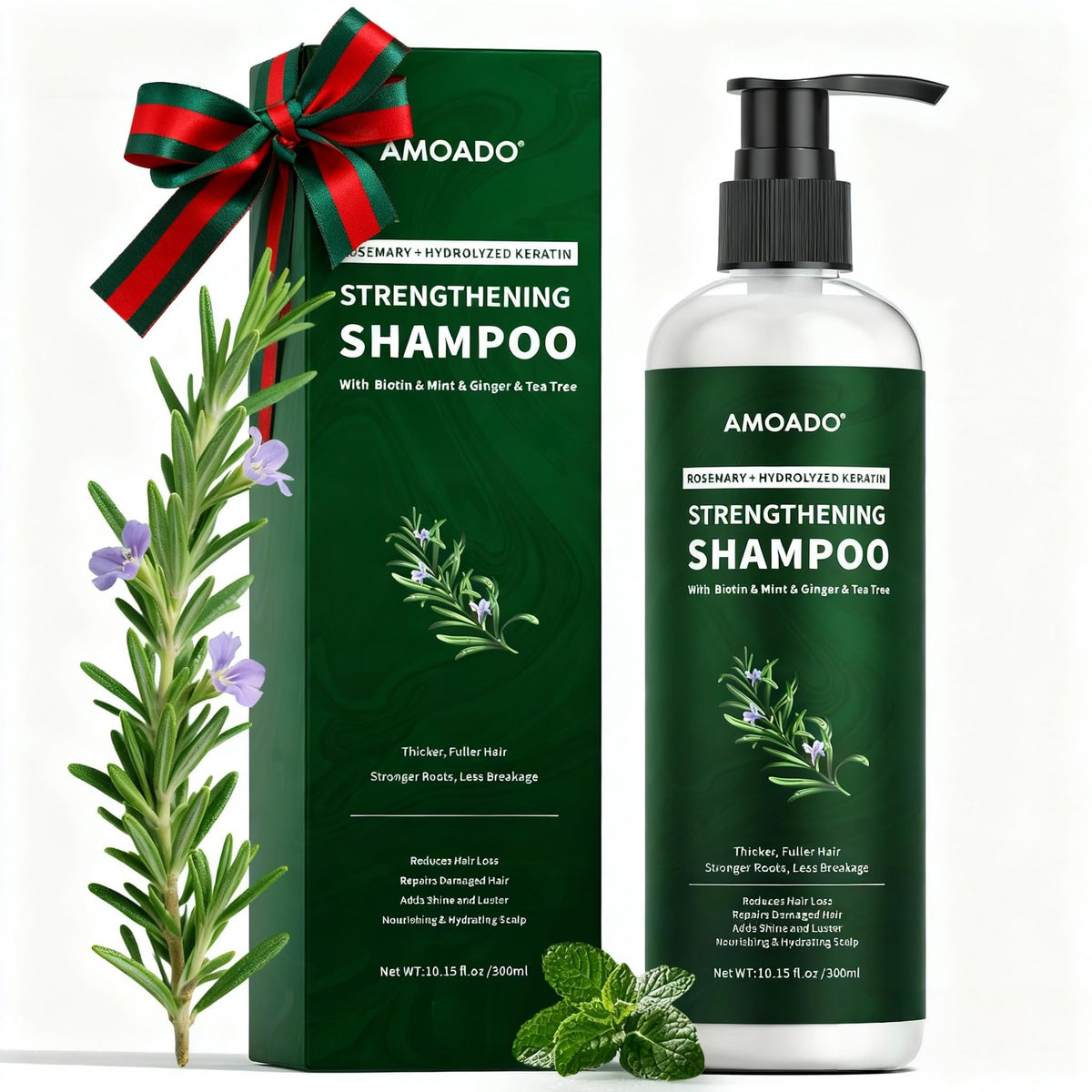AMOADO rosemary hydrolyzed keratin shampoo bottle highlighting growth support and gentle cleansing.