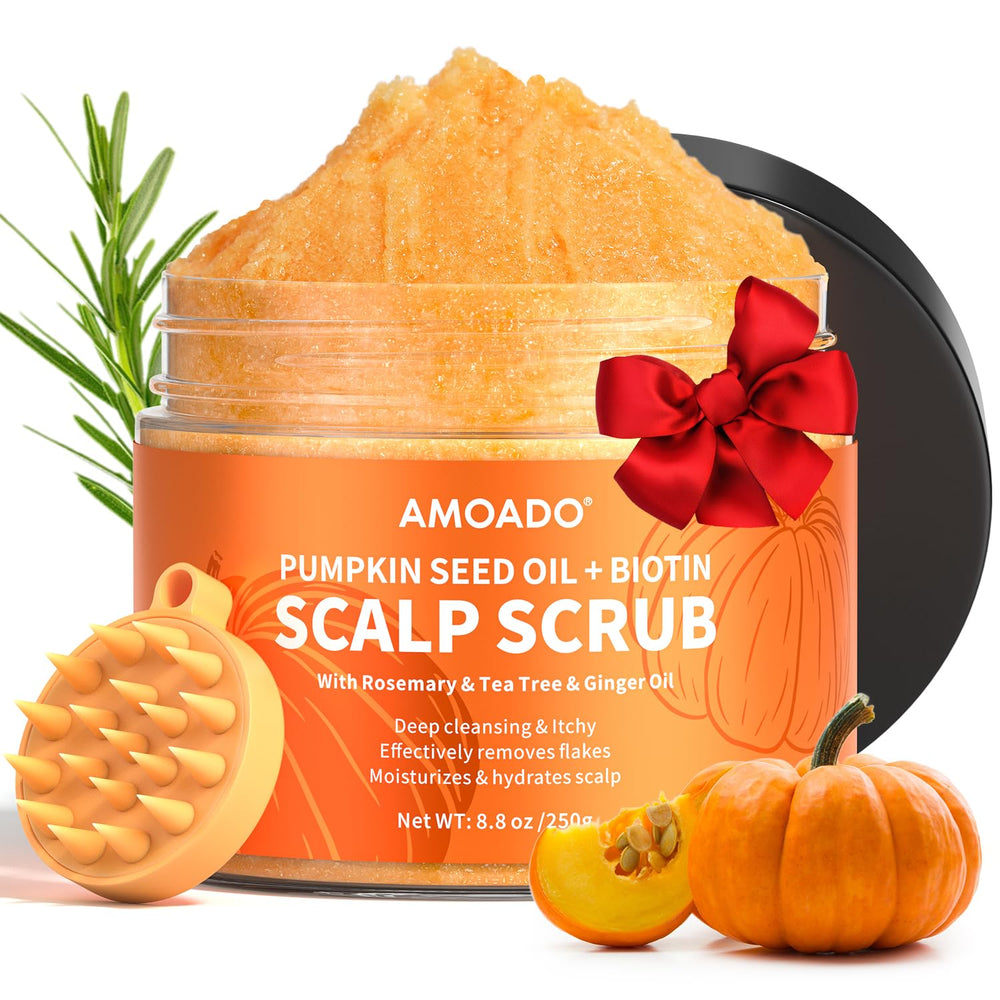 AMOADO Scalp Scrub bottle pours, suggesting gentle detox from buildup.
