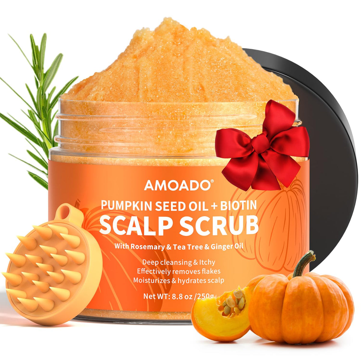 AMOADO Scalp Scrub bottle pours, suggesting gentle detox from buildup.
