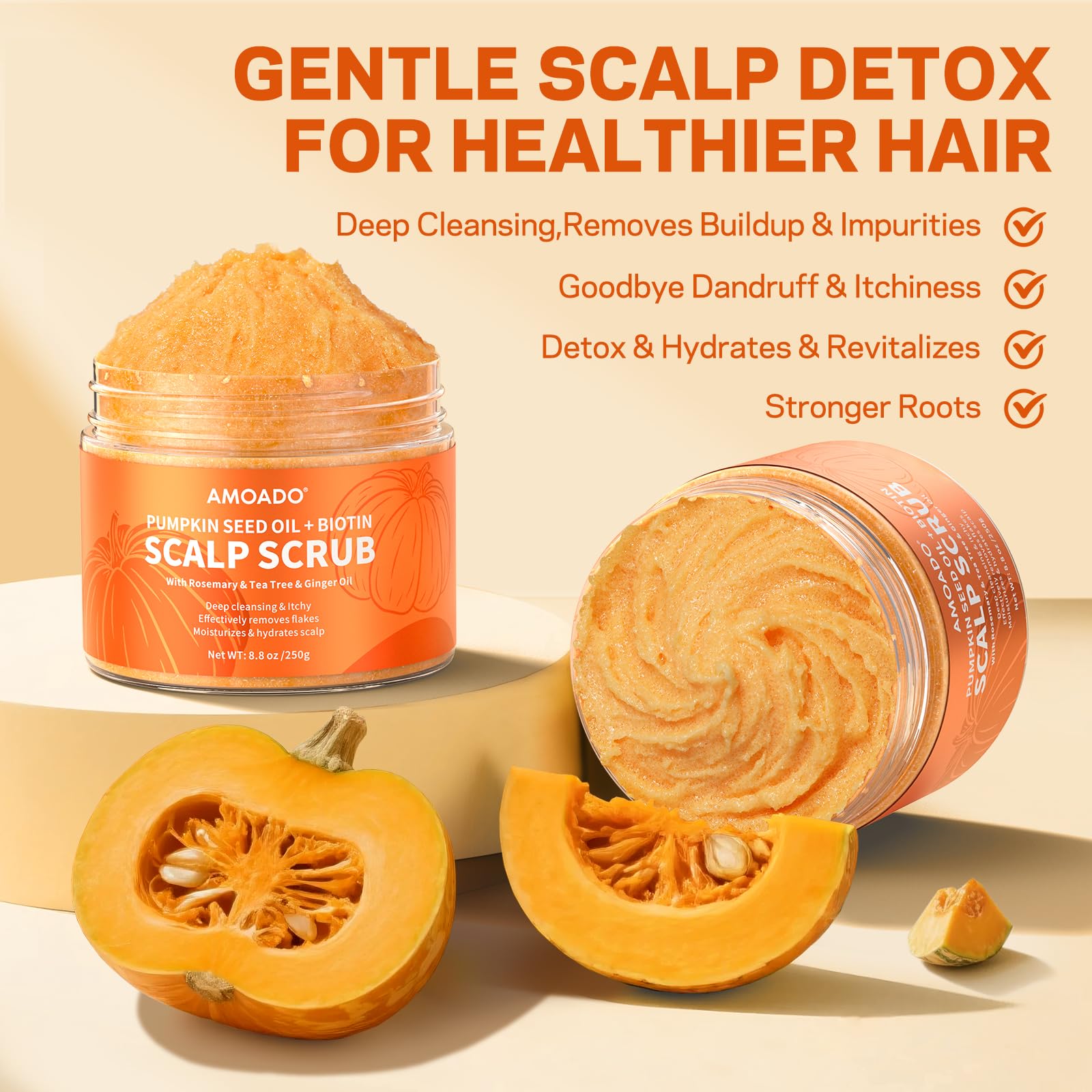 AMOADO Scalp Scrub ingredients highlight pumpkin seed oil for scalp nourishment.