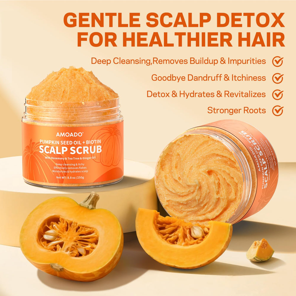 AMOADO Scalp Scrub ingredients highlight pumpkin seed oil for scalp nourishment.