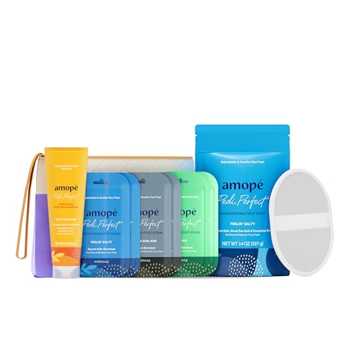 Amope Pampering Kit Tea Tree Scrub jar highlighting refreshing exfoliation and soothing aroma for tired feet