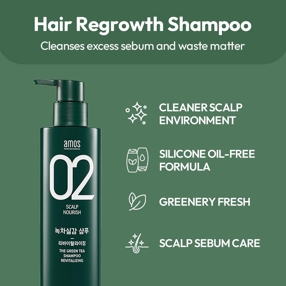 AMOS PROFESSIONAL Green Tea Shampoo Refresh Jeju green tea leaves emphasize nourishing ingredients.