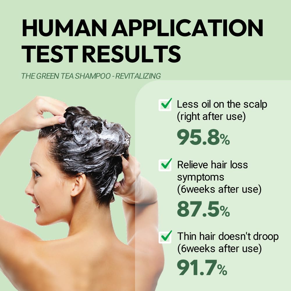 AMOS PROFESSIONAL Green Tea Shampoo Refresh lather suggests cleansing and scalp renewal.