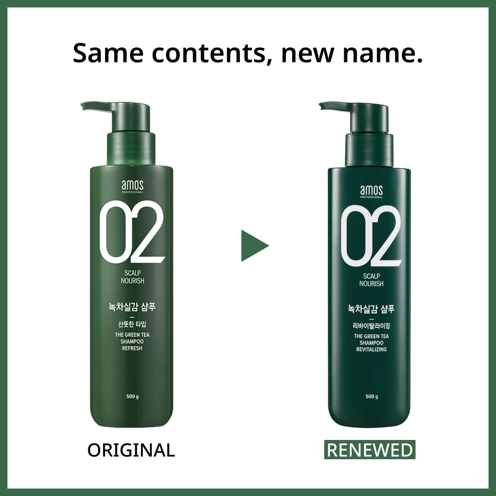 AMOS PROFESSIONAL Green Tea Shampoo Refresh mint leaves indicate refreshing finish.