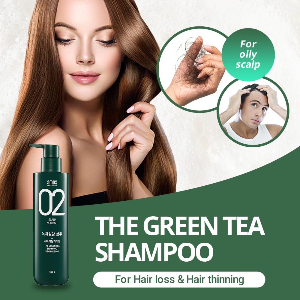 AMOS PROFESSIONAL Green Tea Shampoo Refresh packaging detail highlights silicone-free formula.