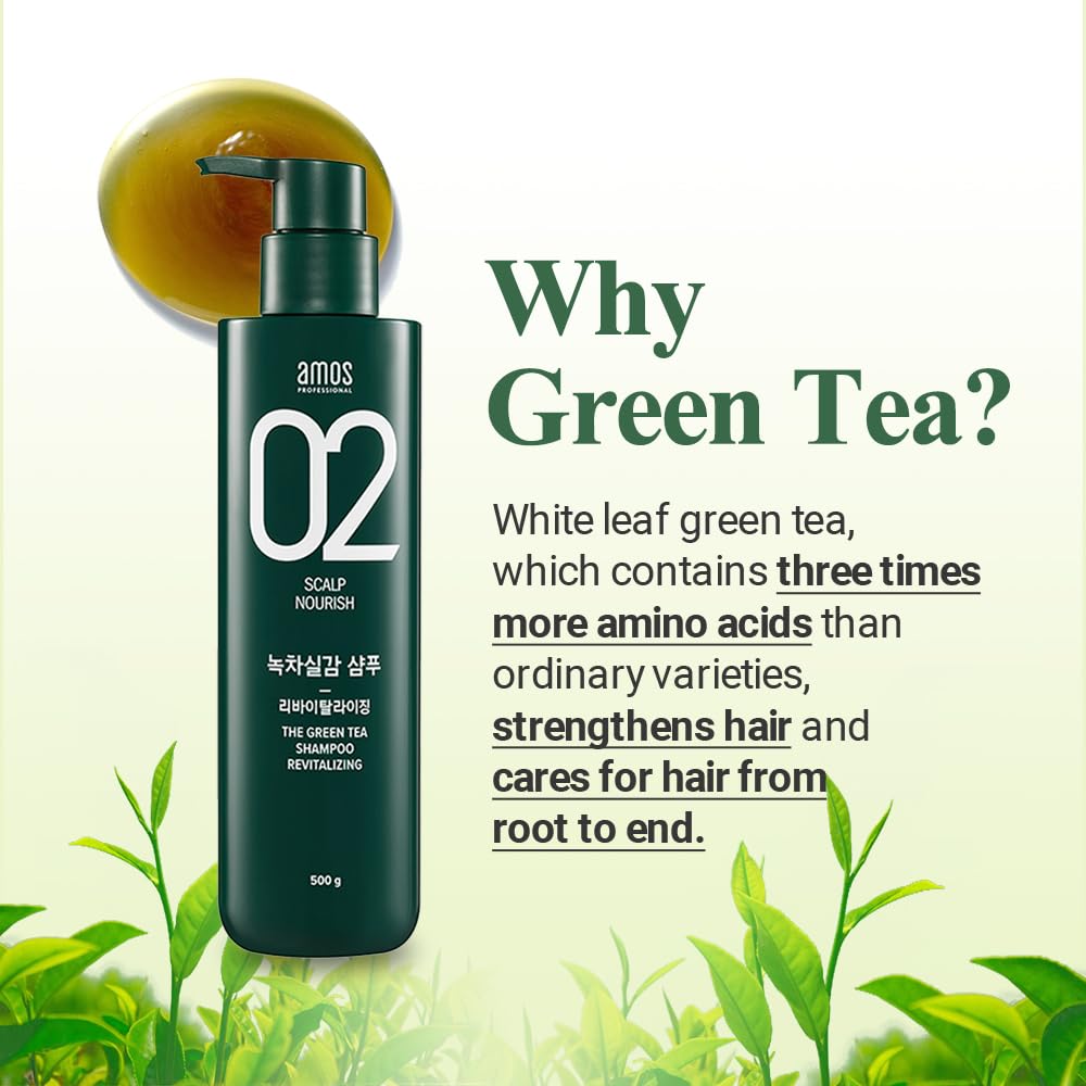 AMOS PROFESSIONAL Green Tea Shampoo Refresh silicone-free label emphasizes lightweight nourishment.