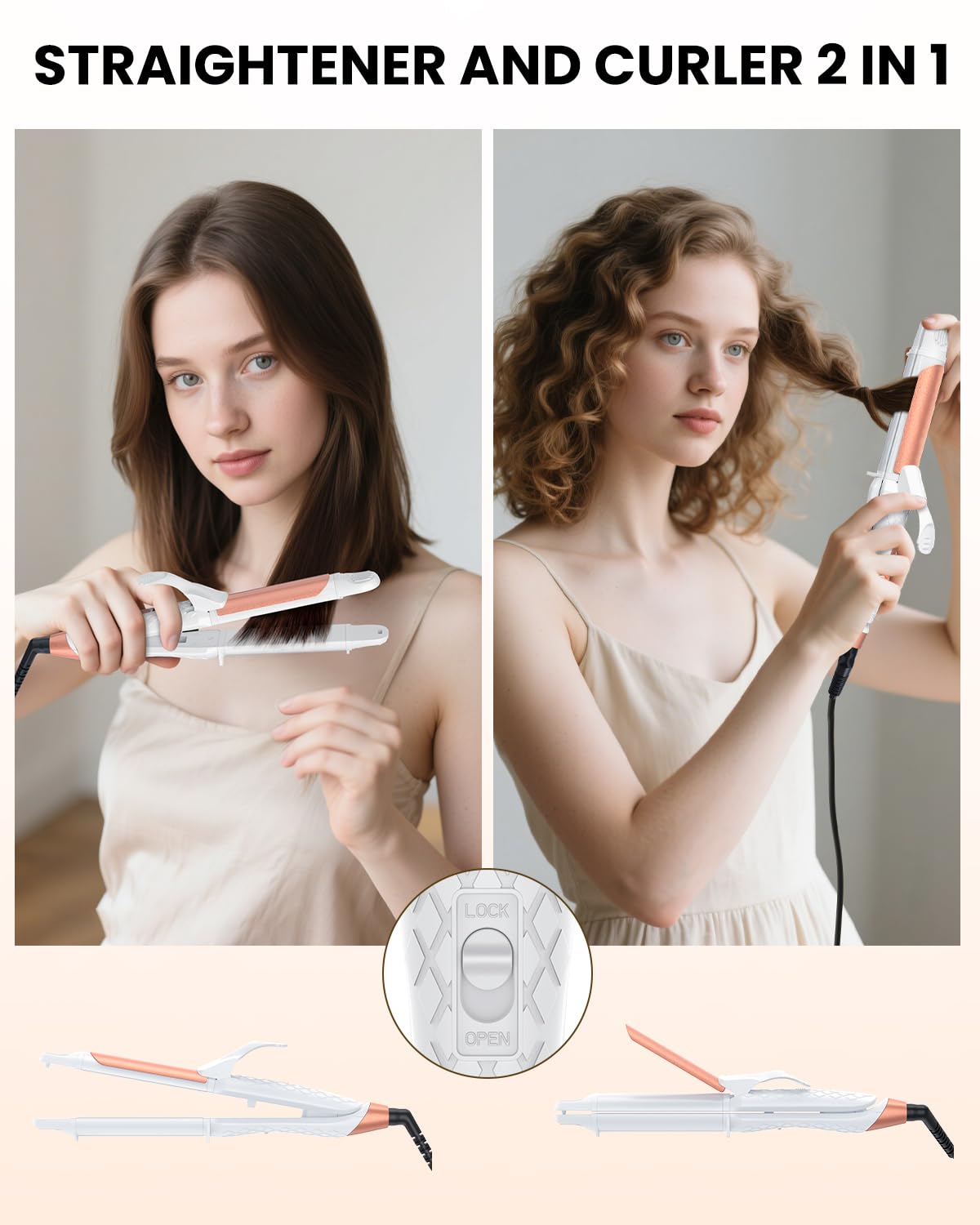 One-handed use shows AmoVee curling iron in action for versatile looks.