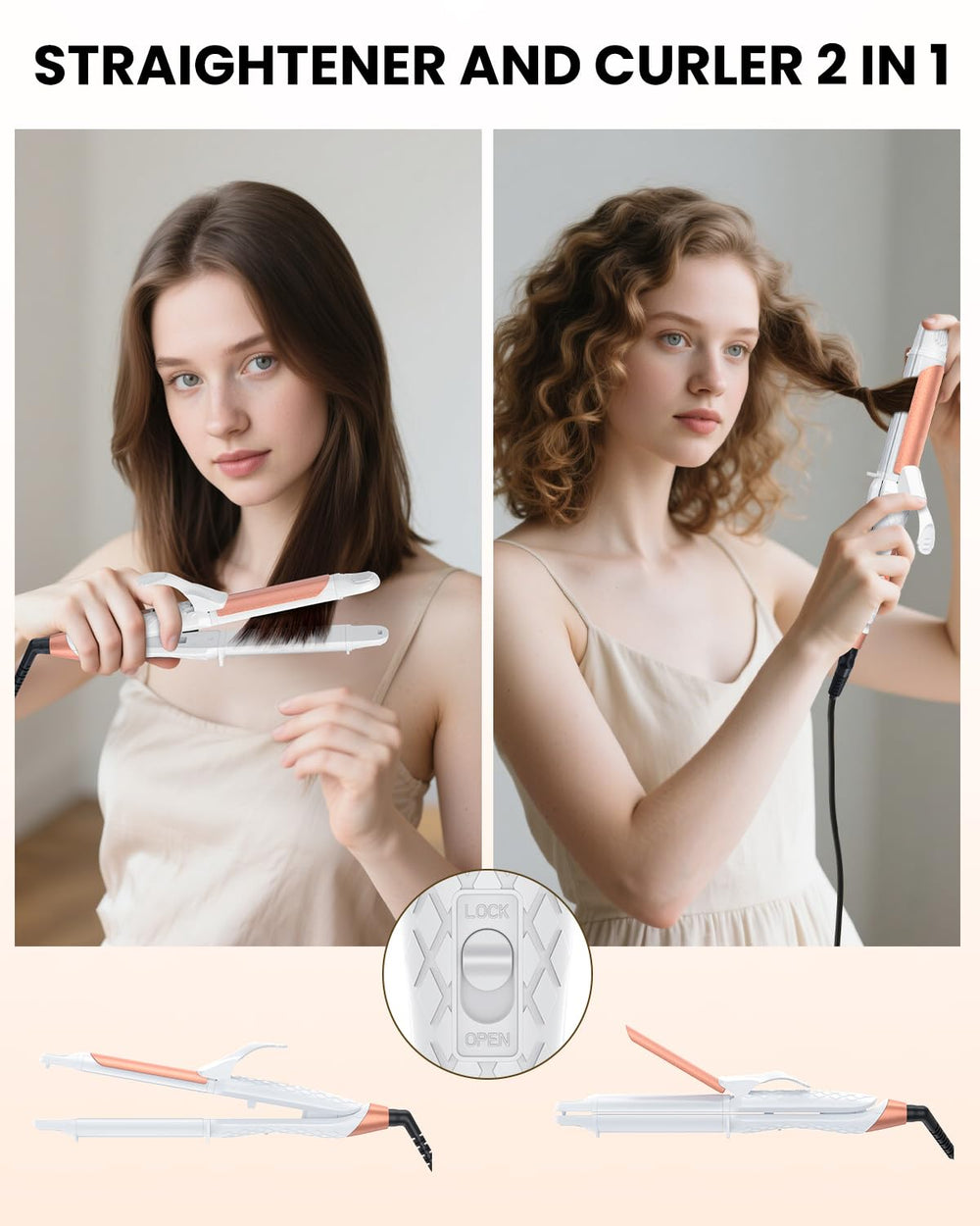 One-handed use shows AmoVee curling iron in action for versatile looks.