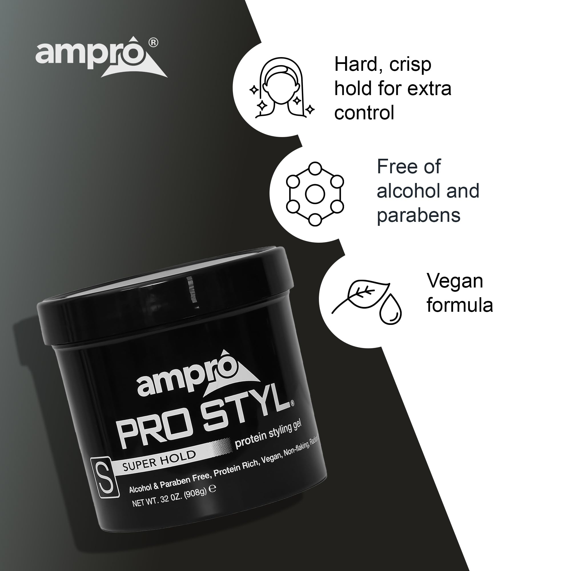AmPro Pro Styl Styling Gel 32 oz jar for long lasting styling.