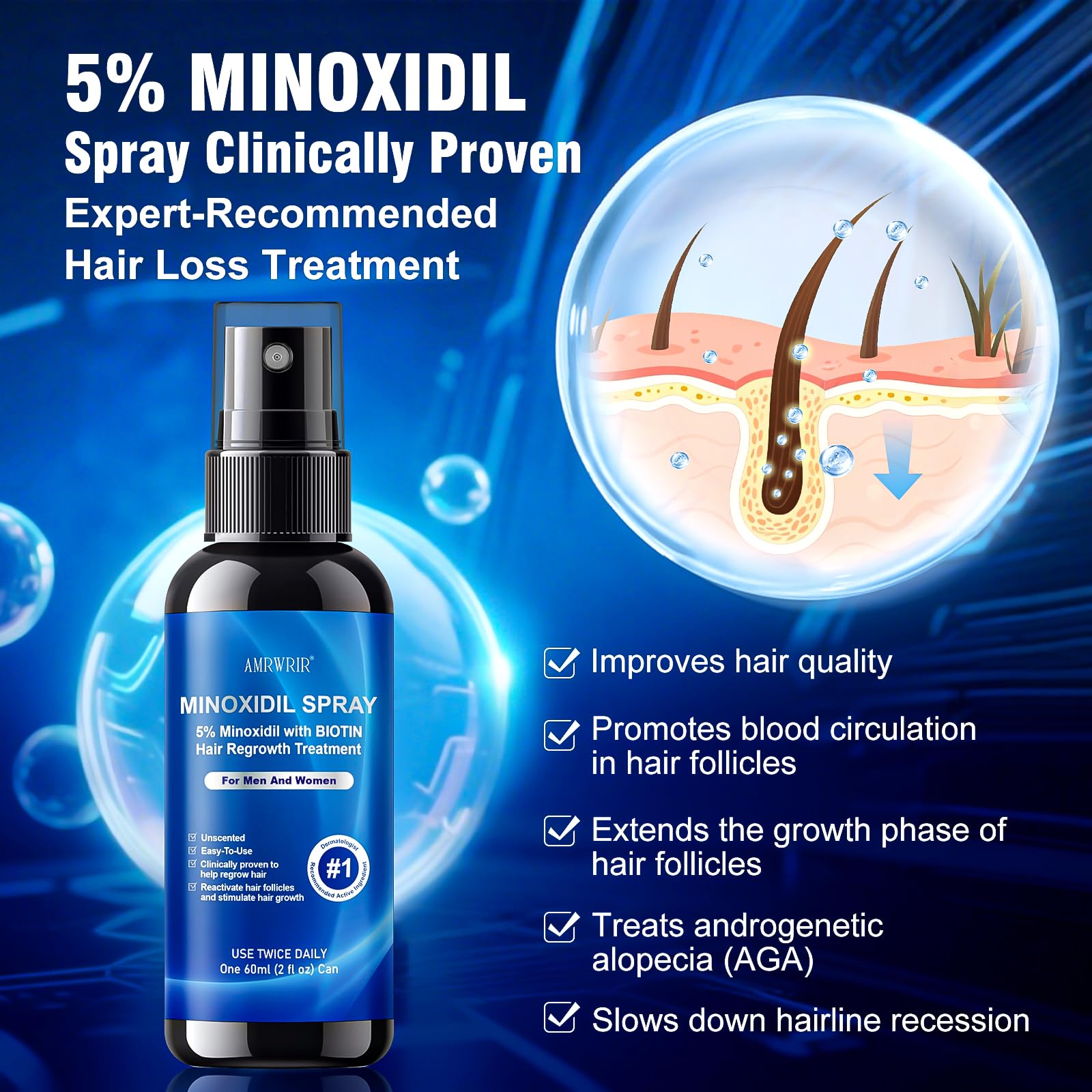 AMRWRIR biotin-infused Minoxidil application close-up promoting follicle nourishment.