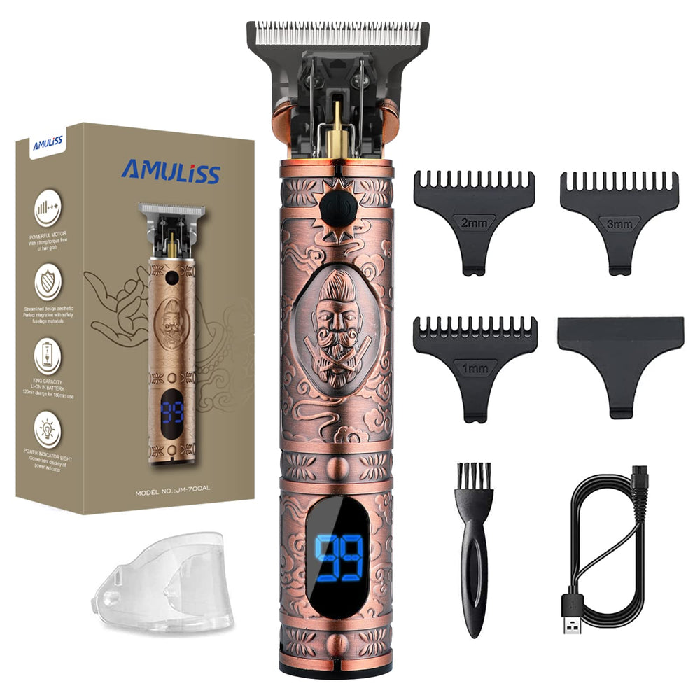 AMULISS professional hair trimmer in hand demonstrating cordless operation for on-the-go grooming.