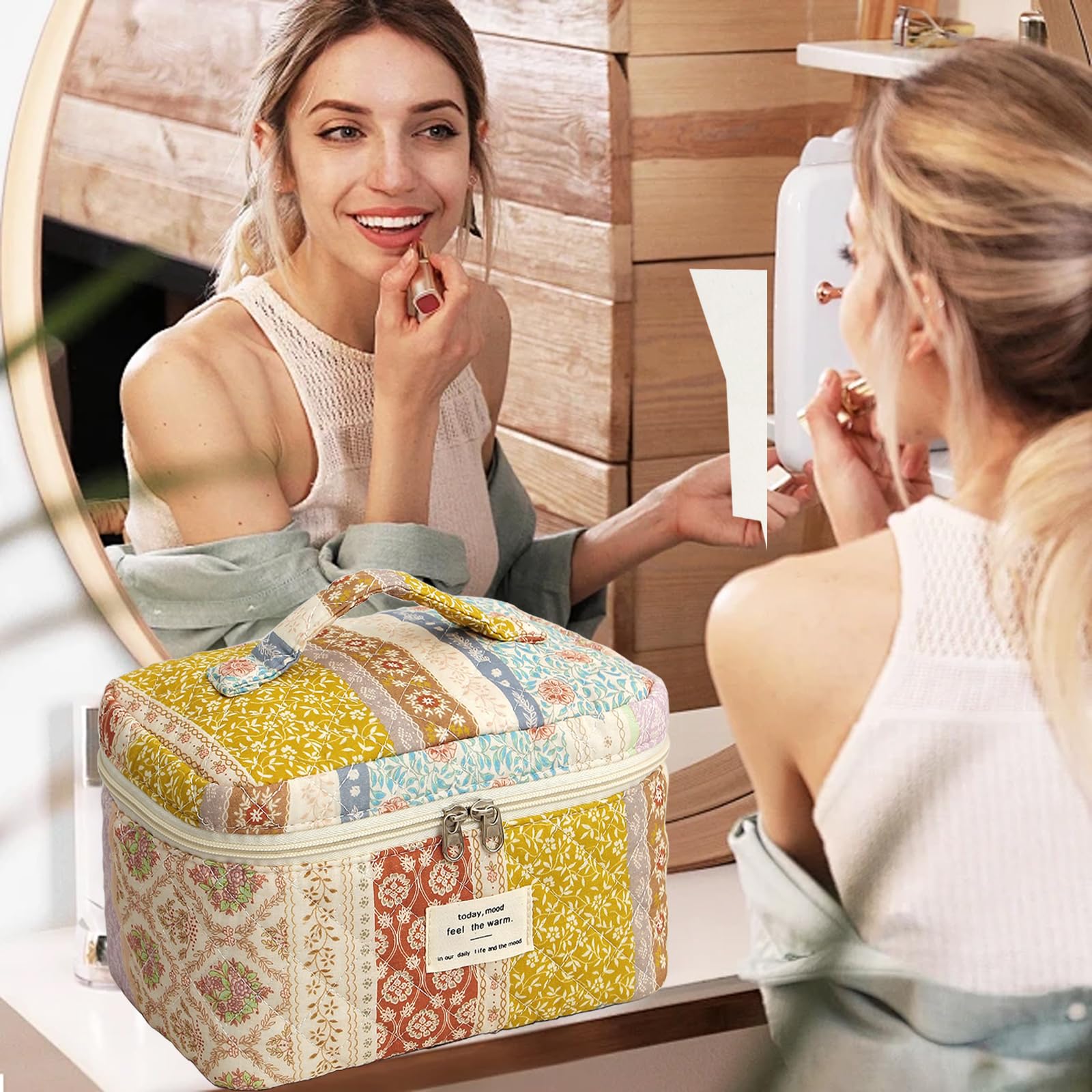 AMULOKRU Quilted makeup bag floral pattern adds feminine flair
