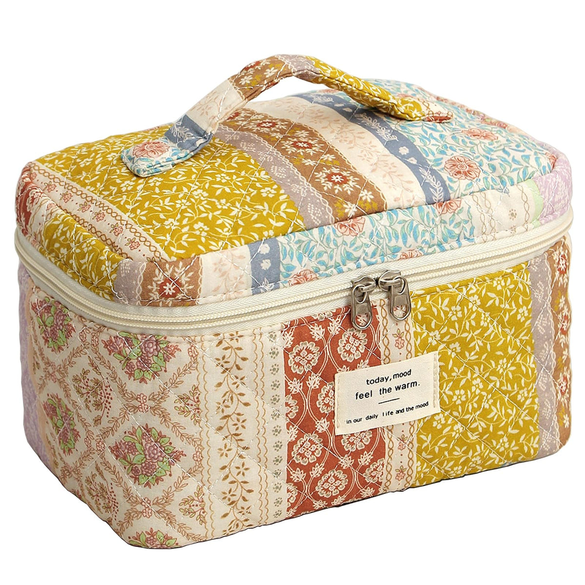 AMULOKRU Quilted makeup bag front view shows durable soft fabric for daily use