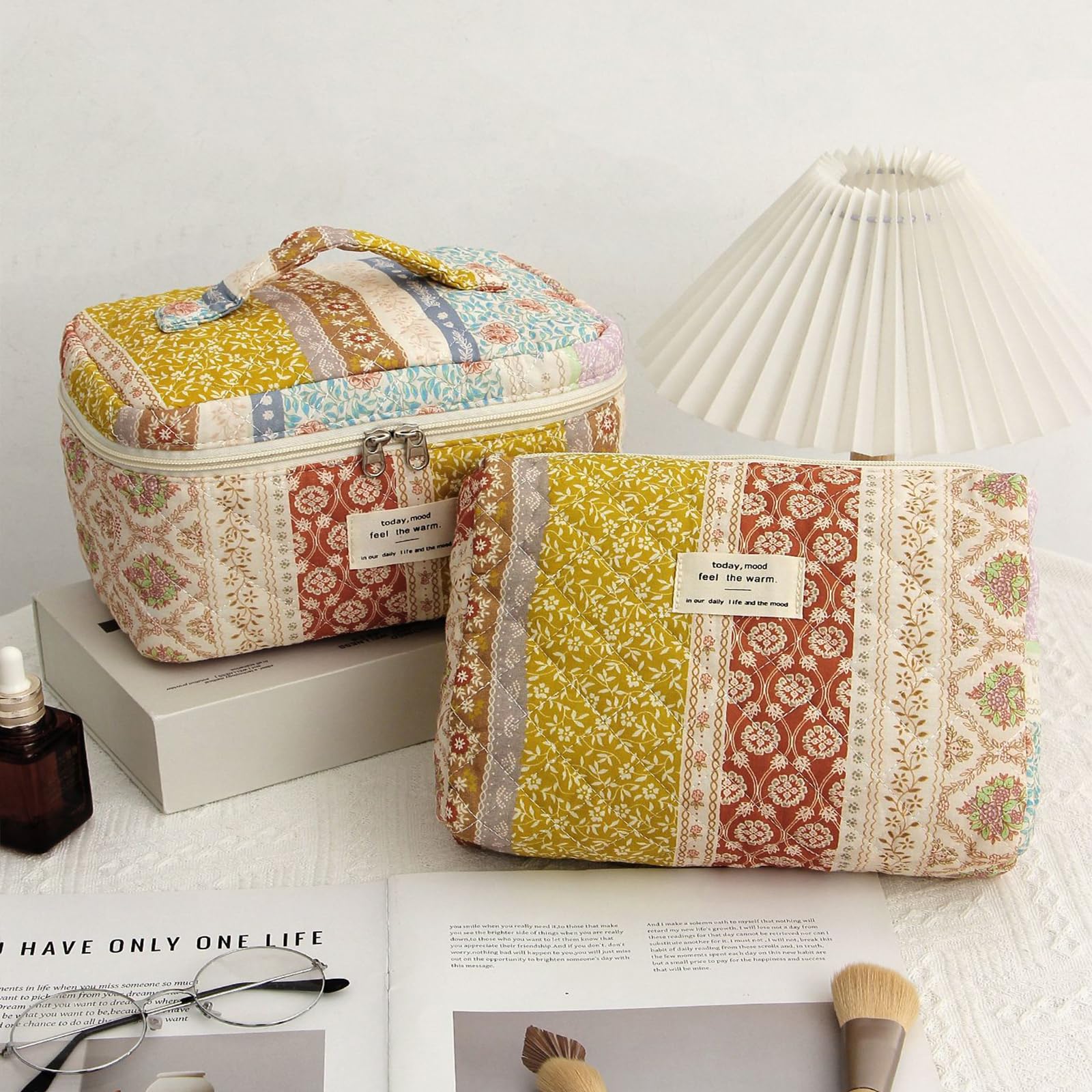 AMULOKRU Quilted makeup bag size fits travel kits and on-the-go routines