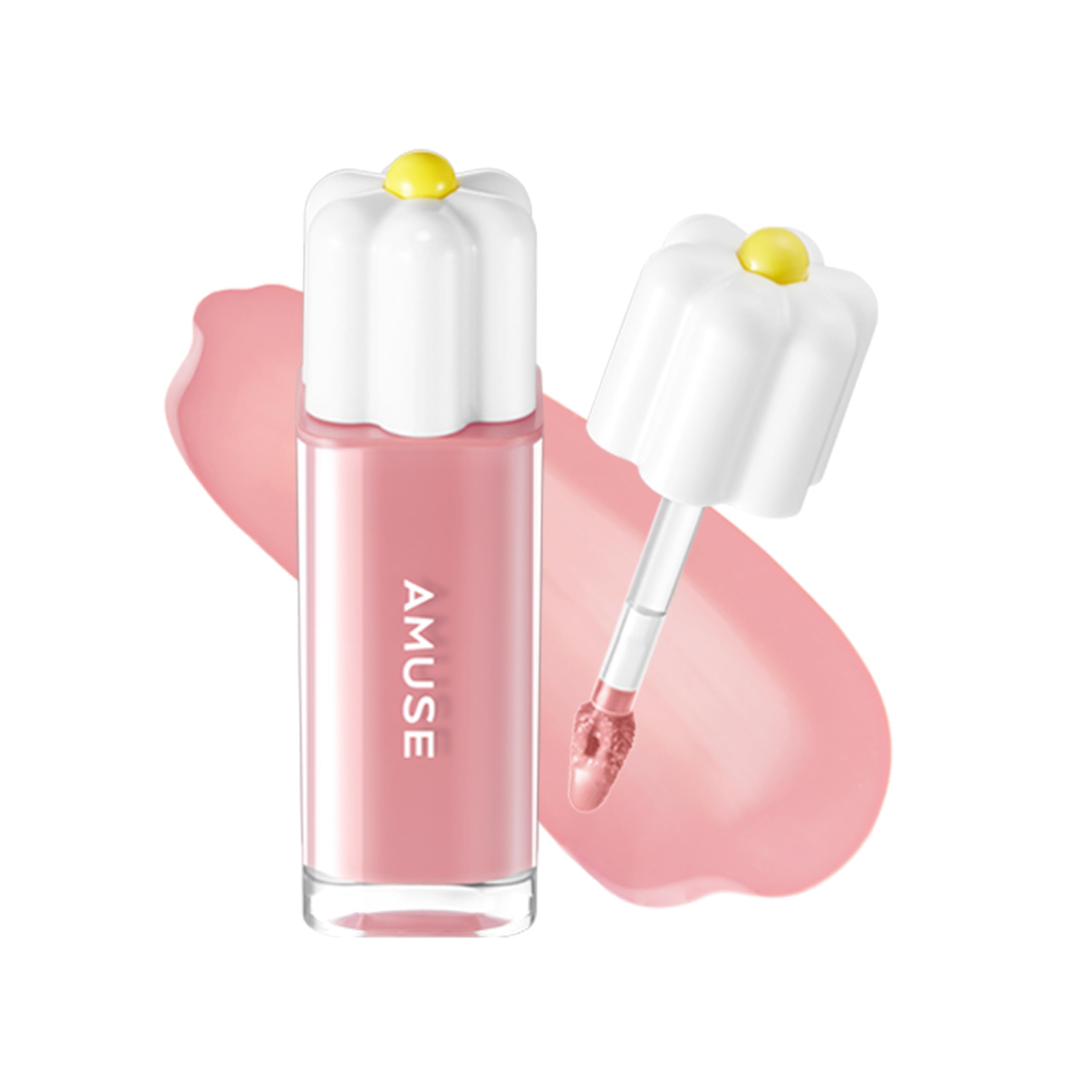 Amuse Seoul Daisy Flower Dew Tint bottle closeup shows transfer-free, long-lasting shine.