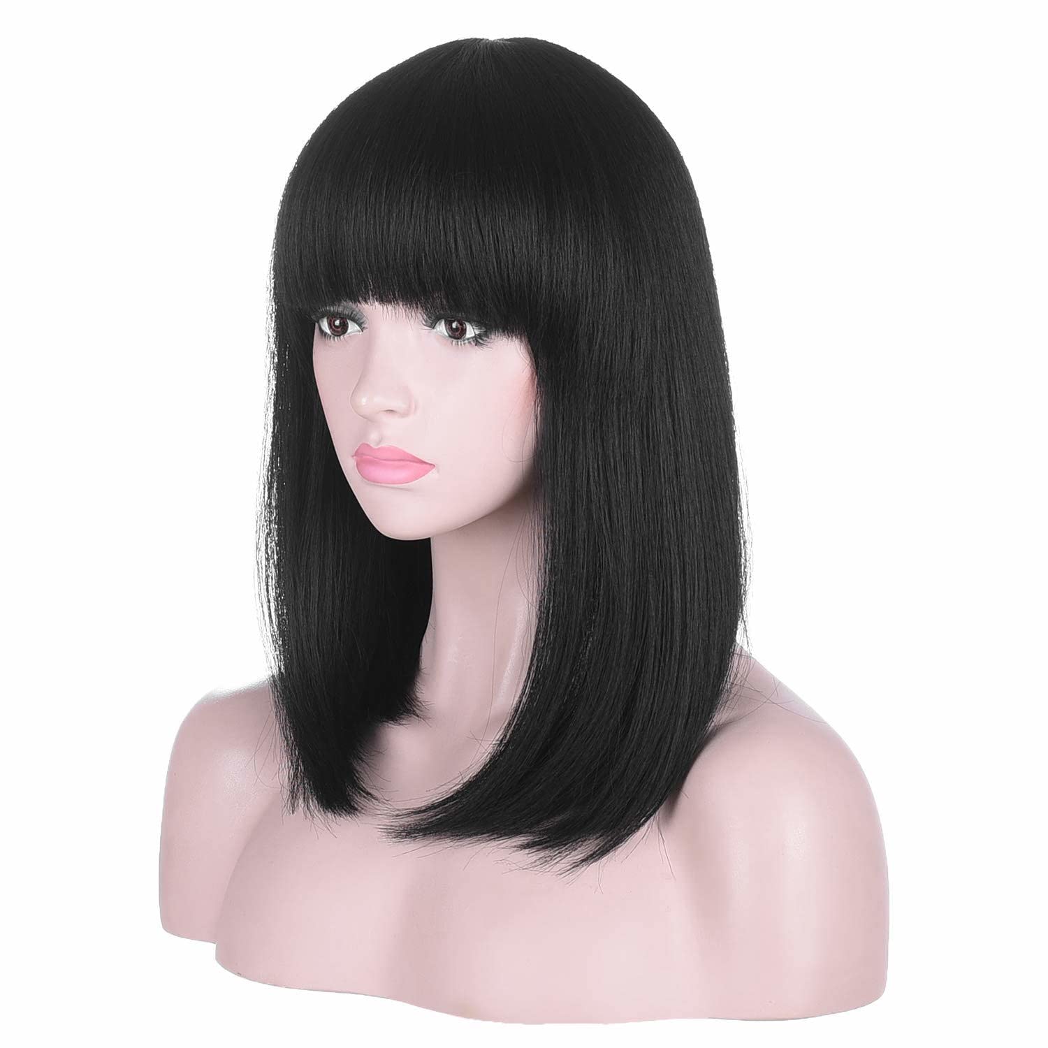 AMZCOS 15-inch straight bob wig with bangs offers natural everyday look.