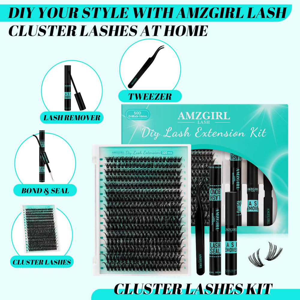 AMZGIRL LASH clusters variety 9-16mm, enabling customizable lash styles.