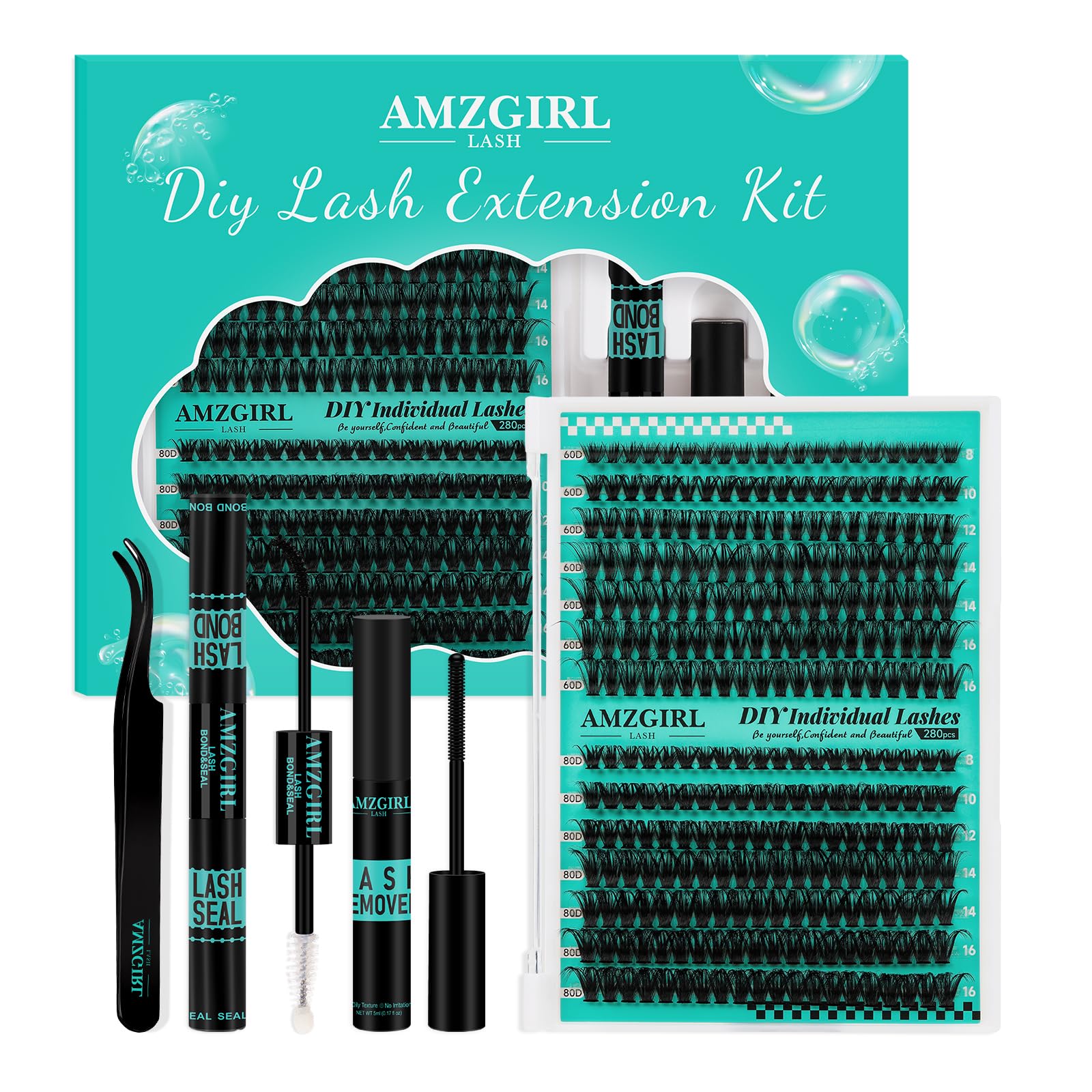 AMZGIRL LASH extension kit packaging shows a complete at-home lash toolkit for DIY enthusiasts