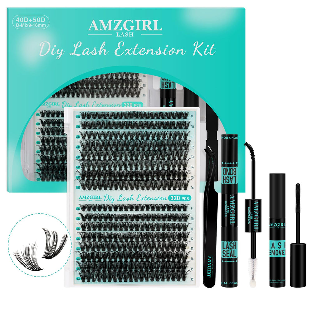 AMZGIRL LASH kit 320pcs close-up for at-home DIY eyelash clusters.