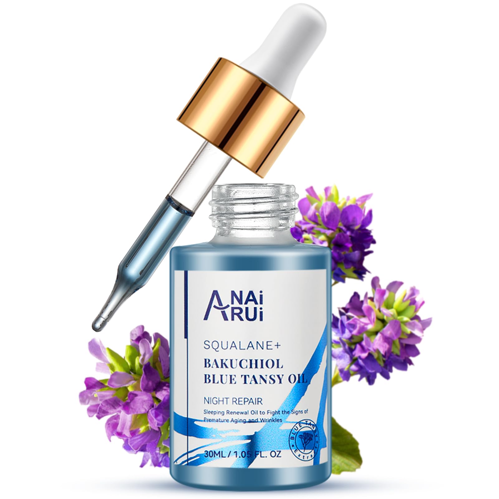ANAI RUI Bakuchiol Blue Tansy Night-Repair Oil bottle glowing with lightweight hydration.