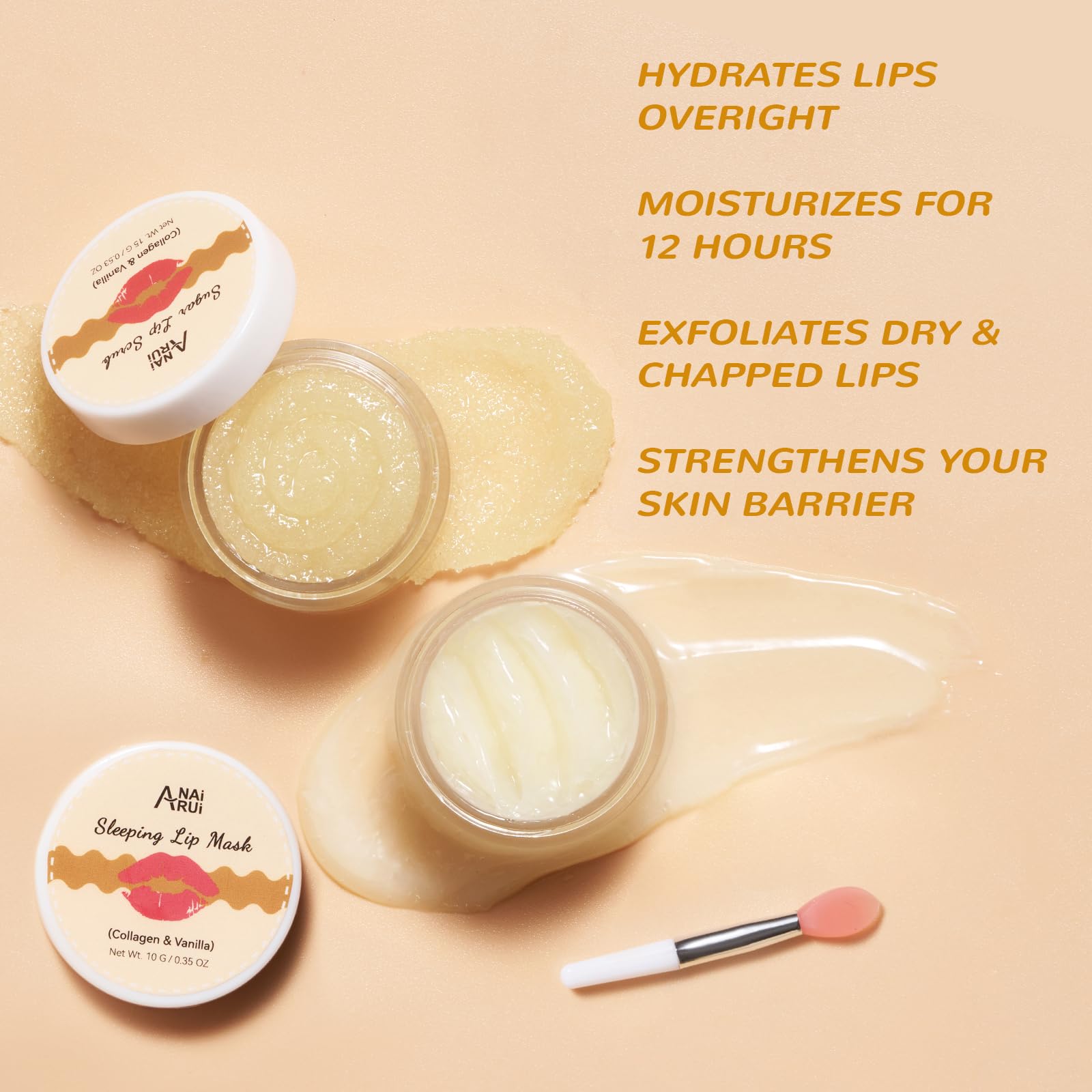 ANAI RUI lip scrub vanilla sugar granules on tub for gentle lip exfoliation.