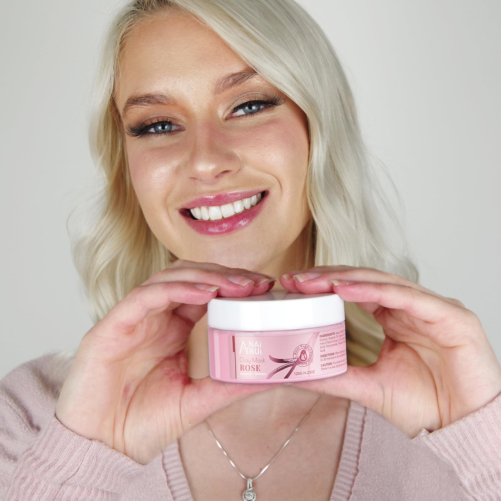 ANAI RUI rose clay mask ingredients illustration emphasizes hyaluronic acid and collagen benefits.
