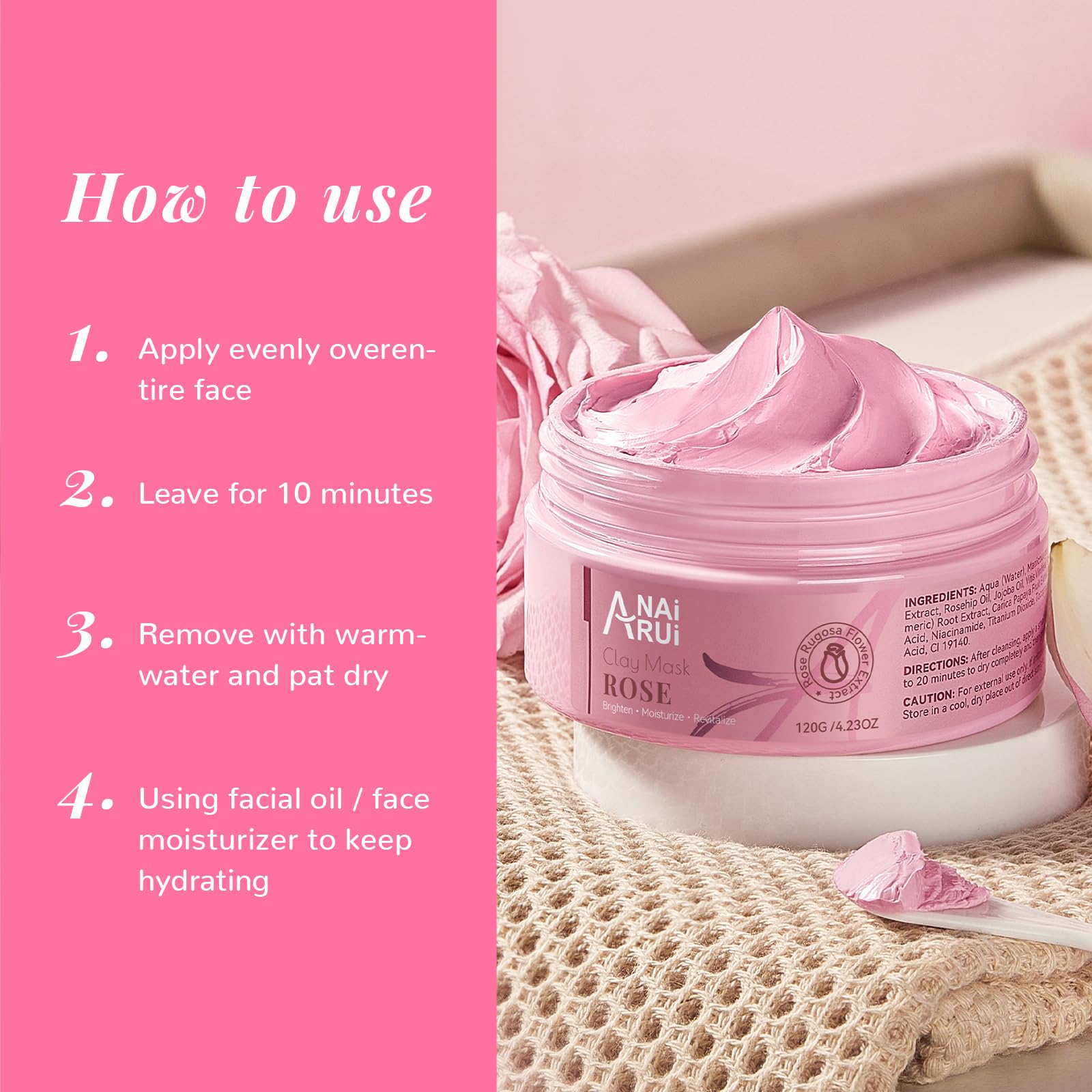ANAI RUI rose clay mask on a spa shelf evokes pampering rituals.