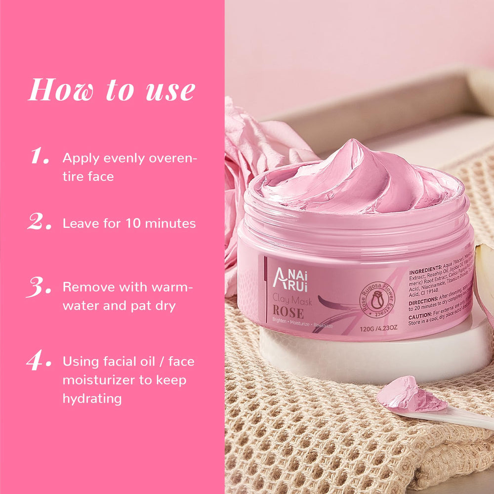 ANAI RUI rose clay mask on a spa shelf evokes pampering rituals.