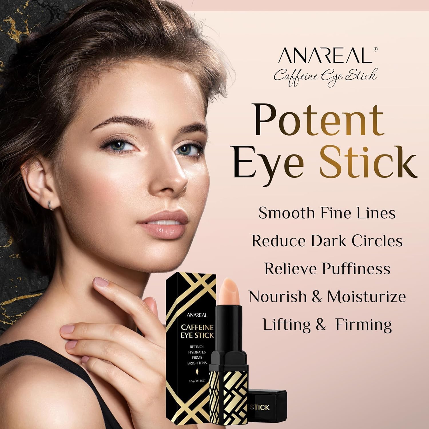 ANAREAL hydrating eye brightener close-up highlighting bright, refreshed under-eye area