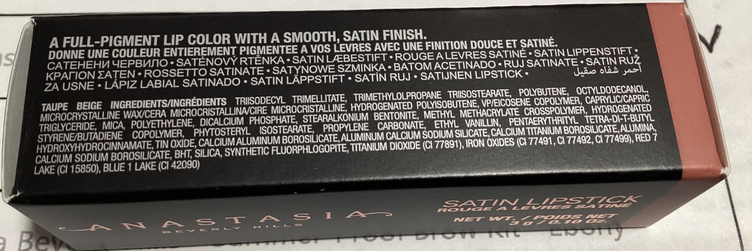 Anastasia Beverly Hills Satin Lipstick Taupe Beige close-up shows soft satin finish.