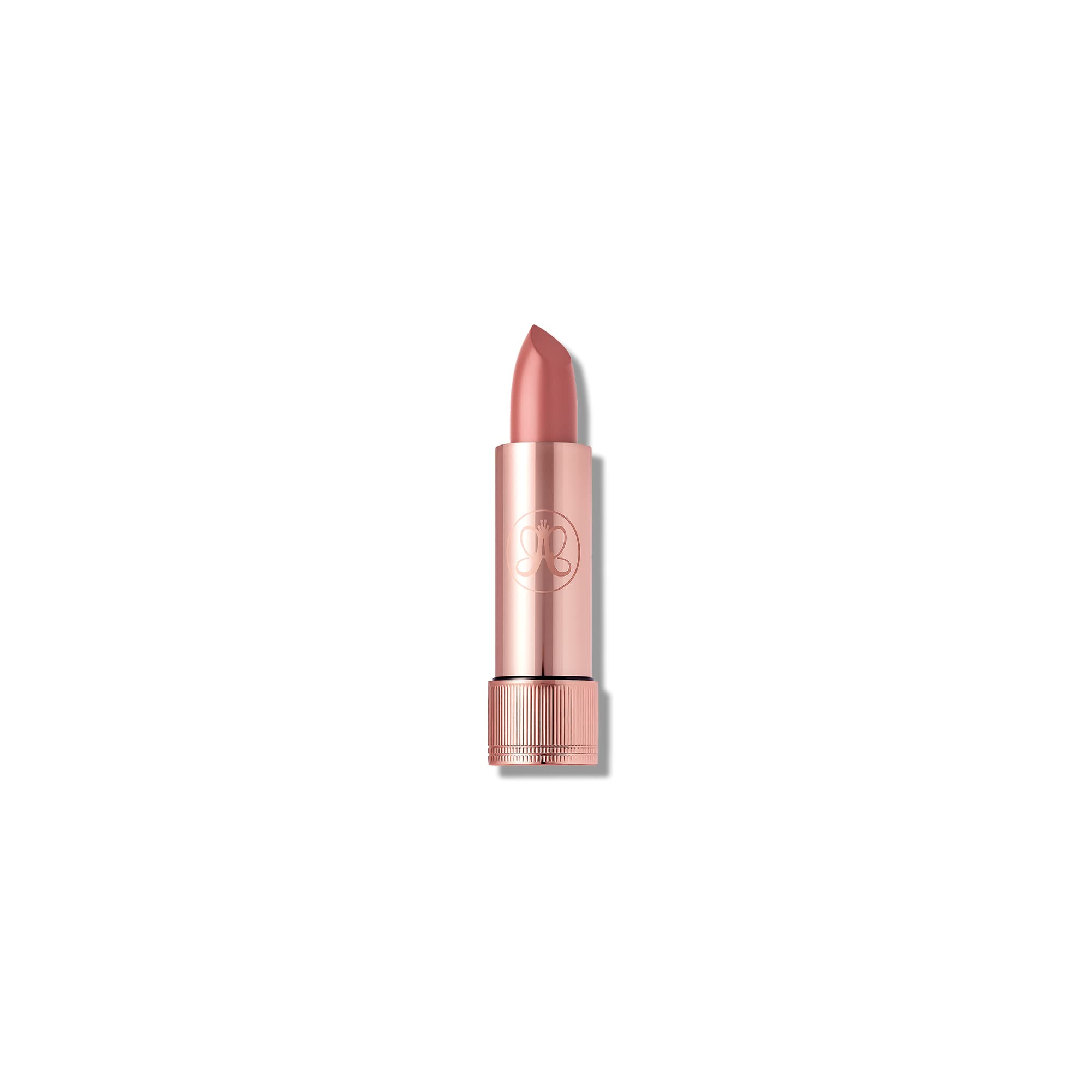 Anastasia Beverly Hills Satin Lipstick Taupe Beige in rose-gold case for smooth, lasting color.