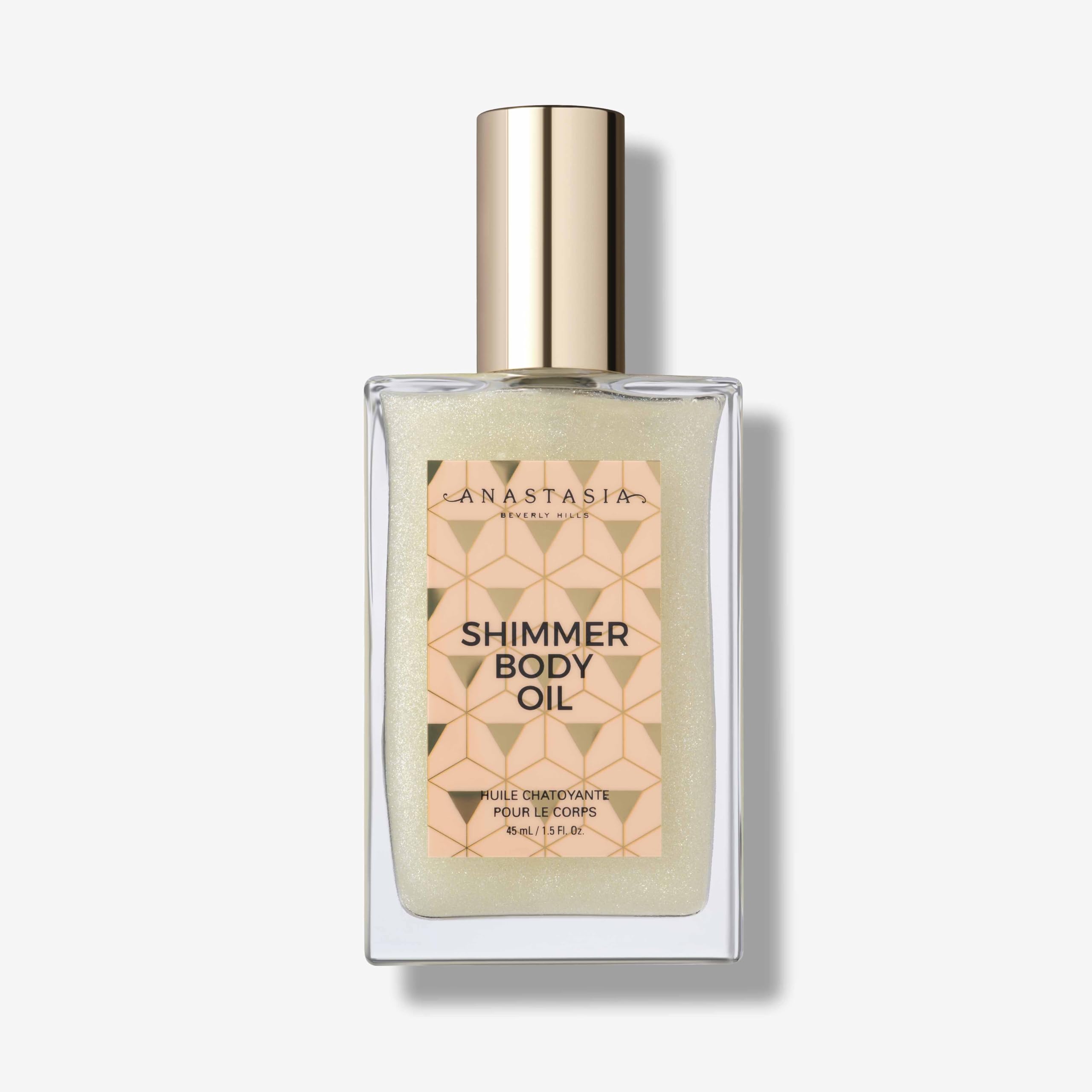 Anastasia Beverly Hills Shimmer Body Oil Gold bottle close-up showing pearlescent glow