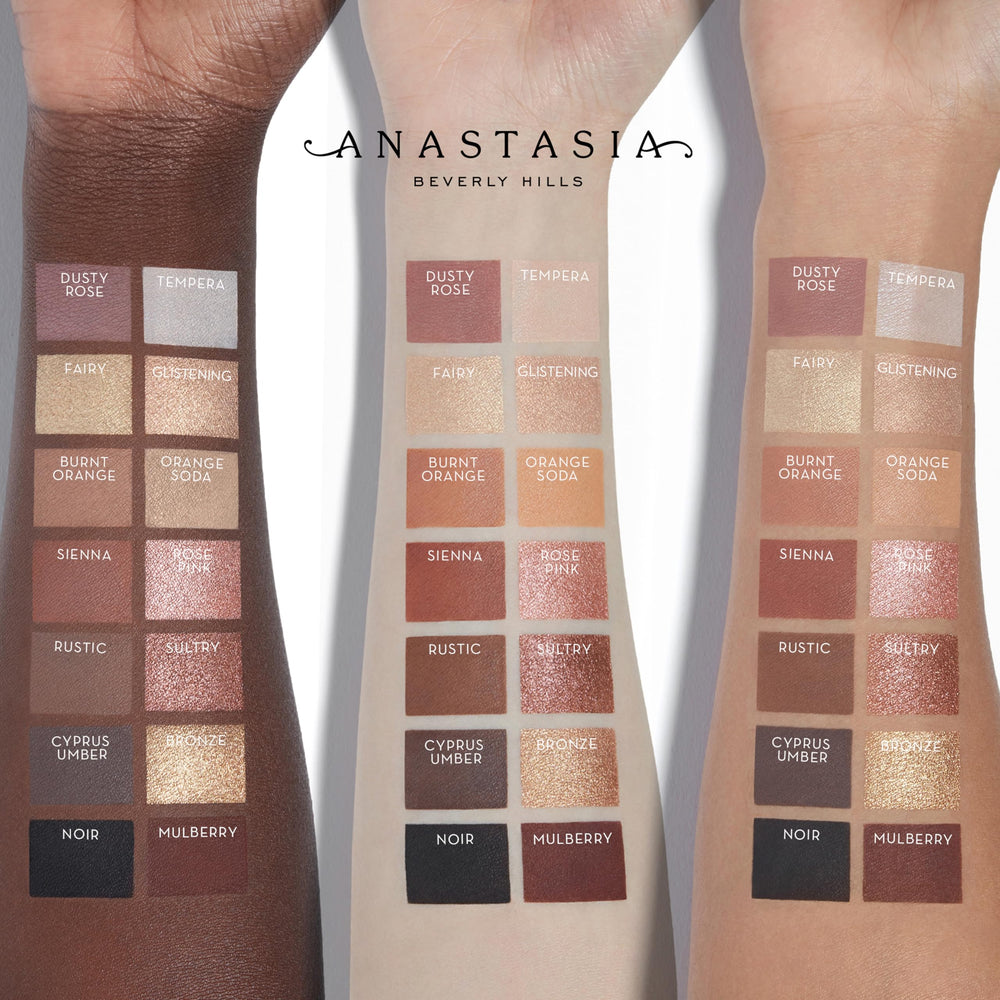 Anastasia Beverly Hills Soft Glam swatches reveal satin, metallic, and matte finishes.