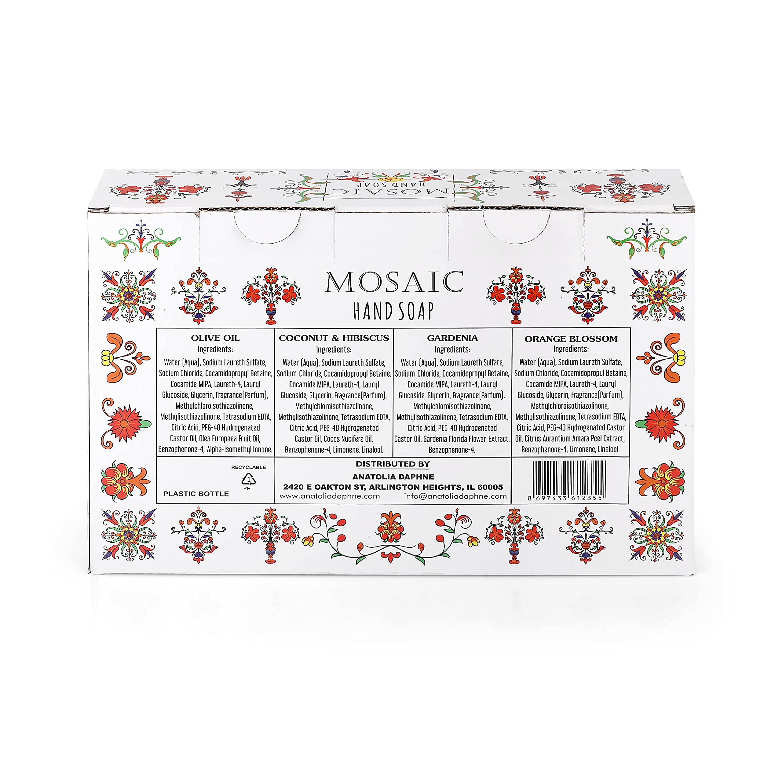 AnatoliaDaphne Mosaic Hand Soap Gift Set close-up of pumps emphasizes quality and cruelty-free production