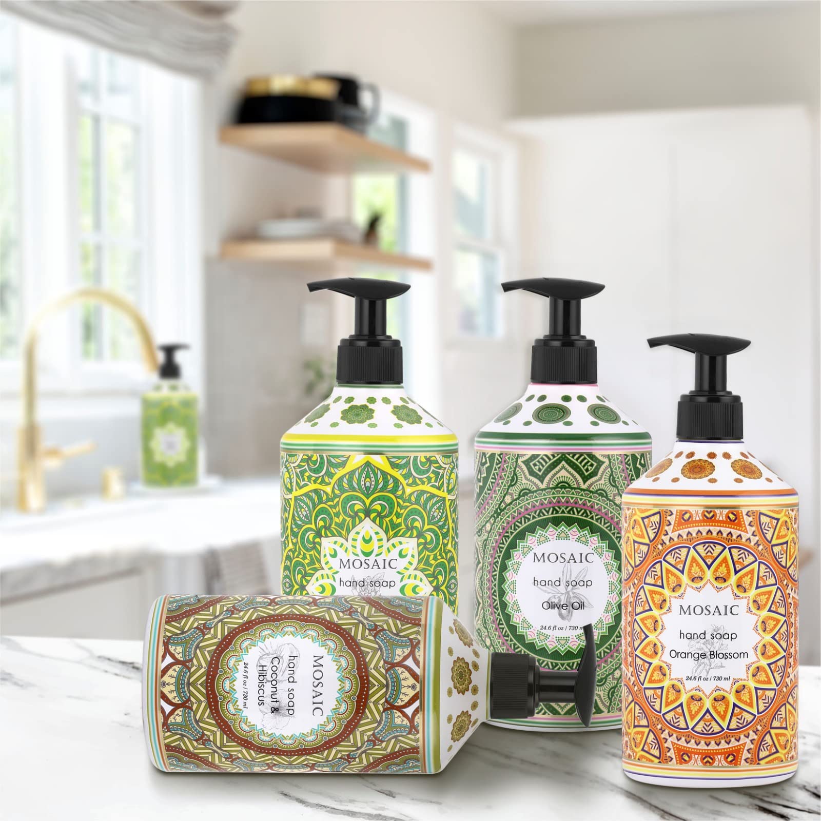 AnatoliaDaphne Mosaic Hand Soap Gift Set side view highlighting durable pumps for easy dispensing