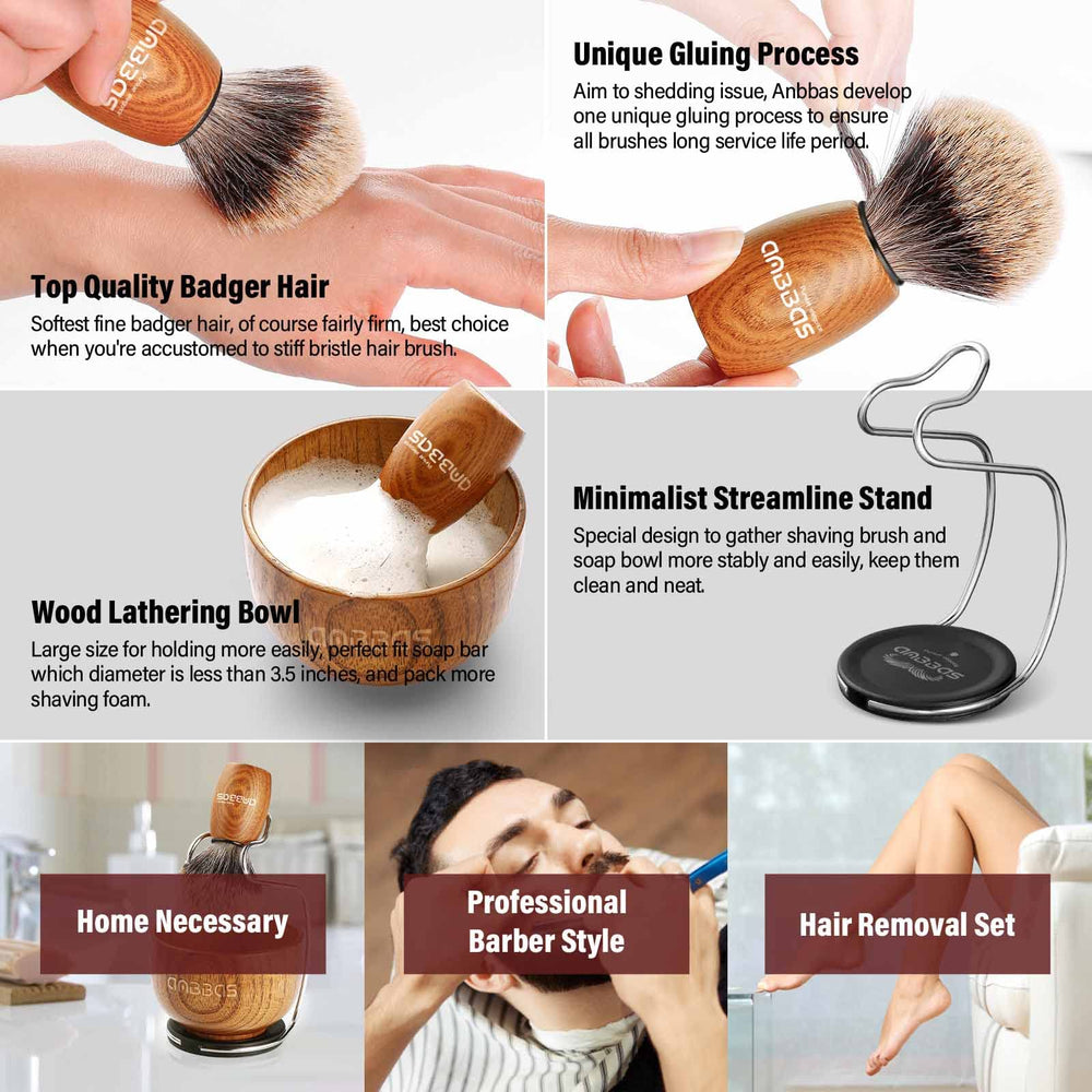Anbbas brush stand and bowl setup showcases the complete shaving kit.