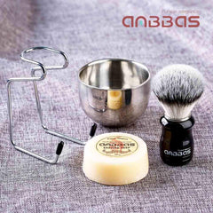 Anbbas stainless steel stand and bowl arranged for compact shaving setup.