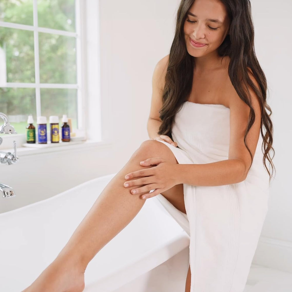 Ancient Greek Remedy after shower application scene delivers quick absorbing hydration.