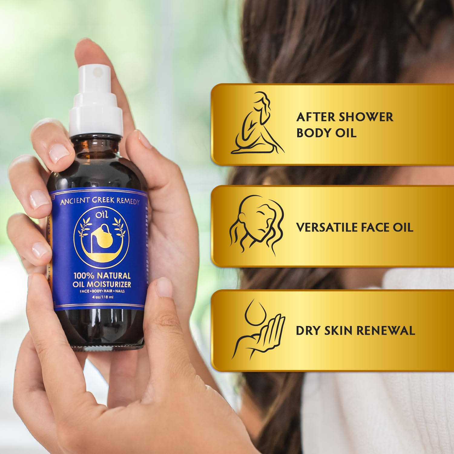Ancient Greek Remedy label closeup highlights the 99% organic oil blend.