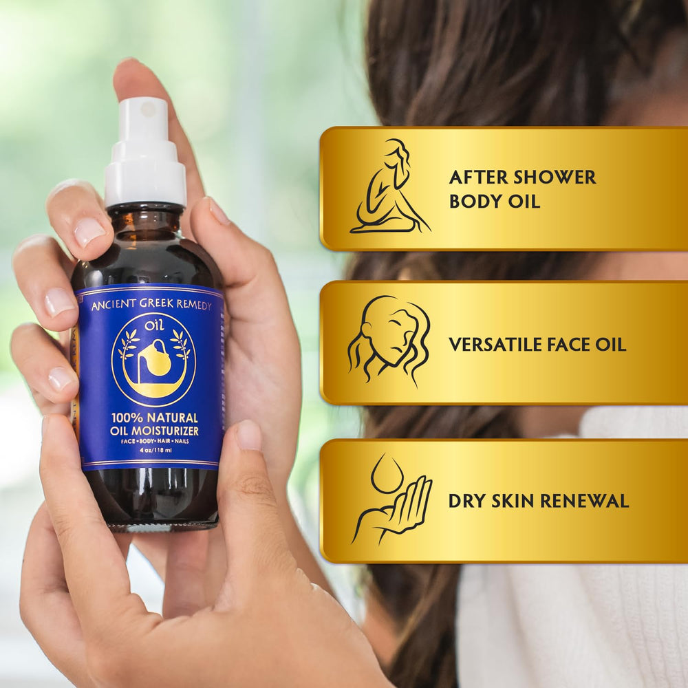 Ancient Greek Remedy label closeup highlights the 99% organic oil blend.