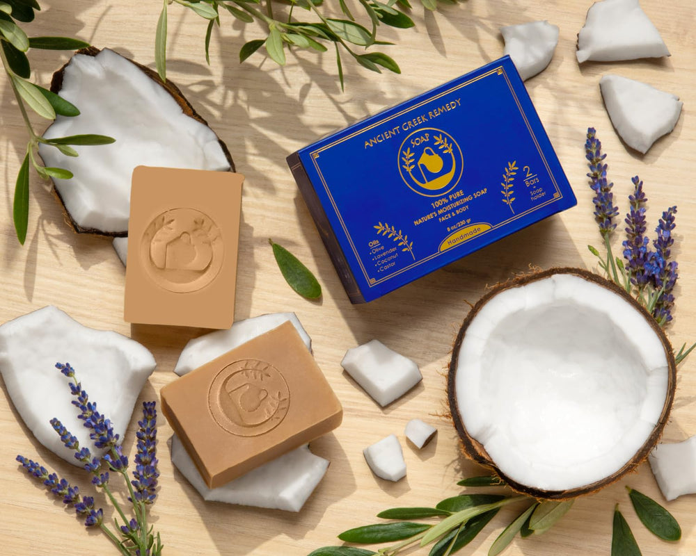 Ancient Greek Remedy olive oil bars ingredients closeup highlights natural skincare basics.