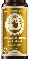 Ancient Greek Remedy Vanilla Butter Cream bottle on a bathroom counter for dry skin care