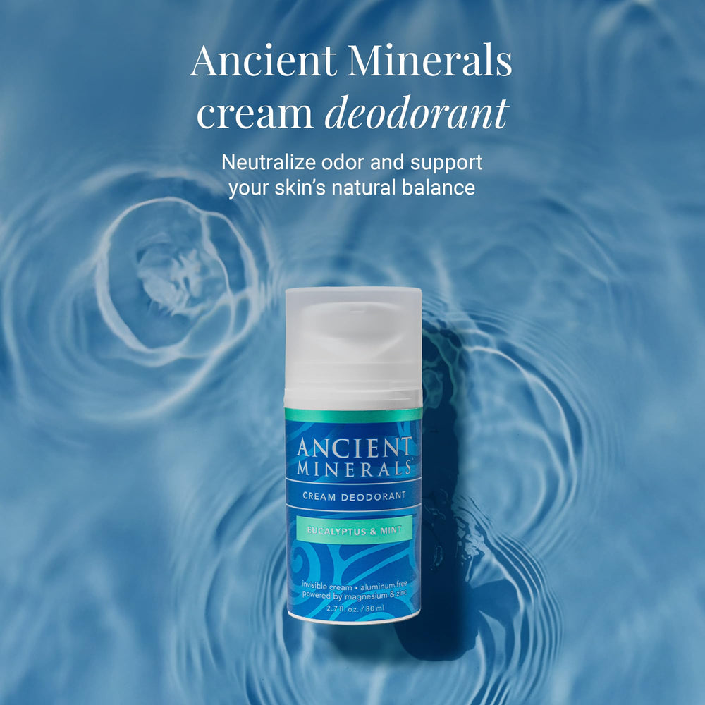Ancient Minerals deodorant cream pump-dispensing demonstrates 24-hour freshness.