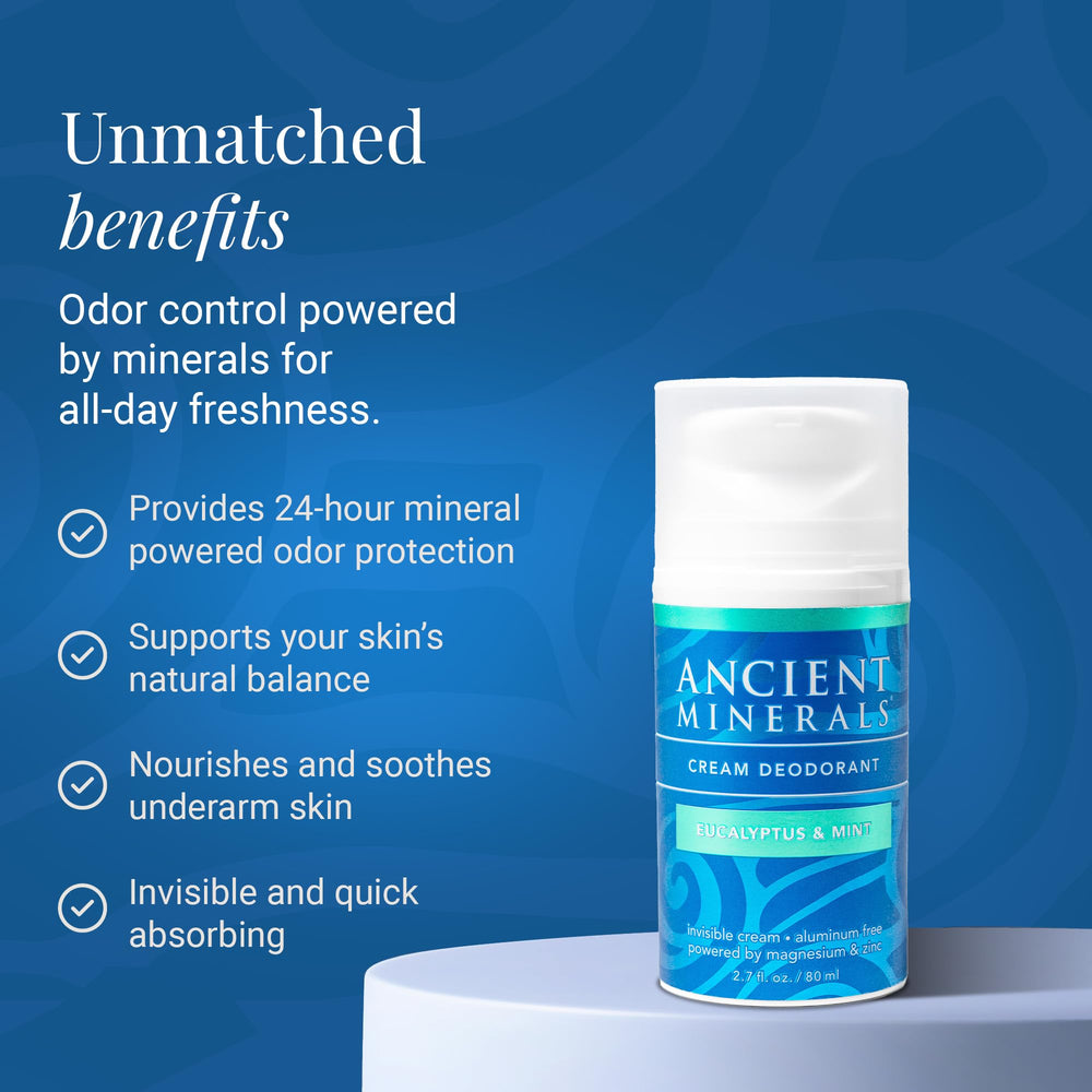 Ancient Minerals deodorant cream texture closeup highlights smooth application.