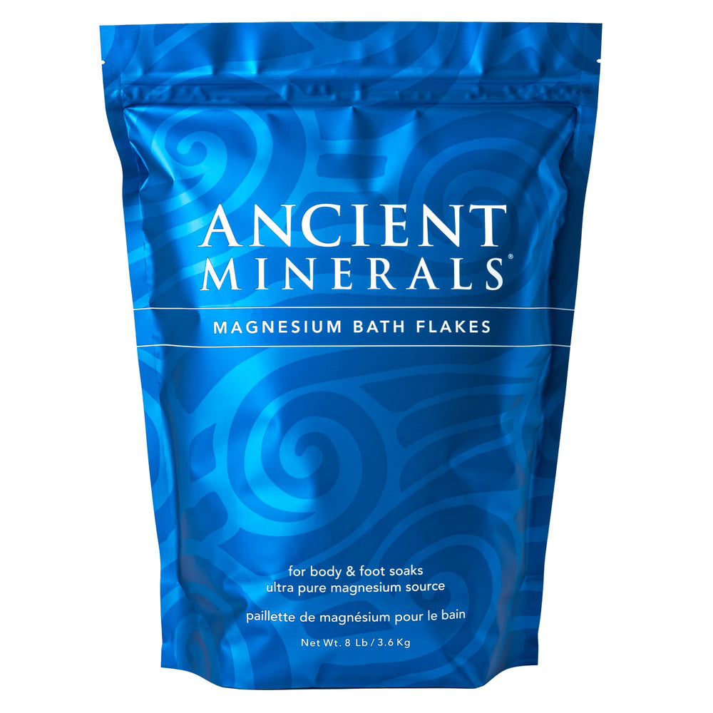 Ancient Minerals magnesium bath flakes bag ready for a soothing soak in warm water.