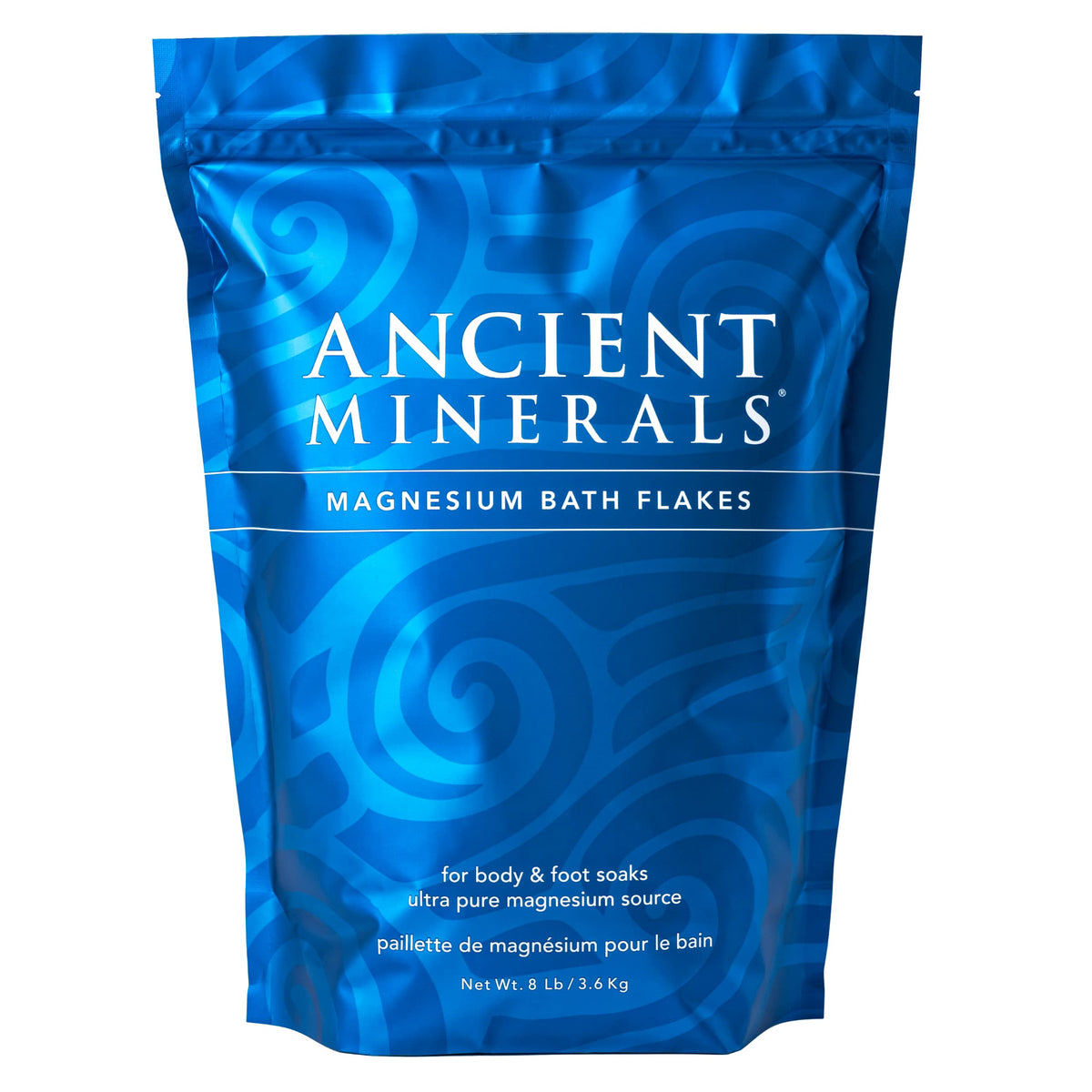 Ancient Minerals magnesium bath flakes bag ready for a soothing soak in warm water.