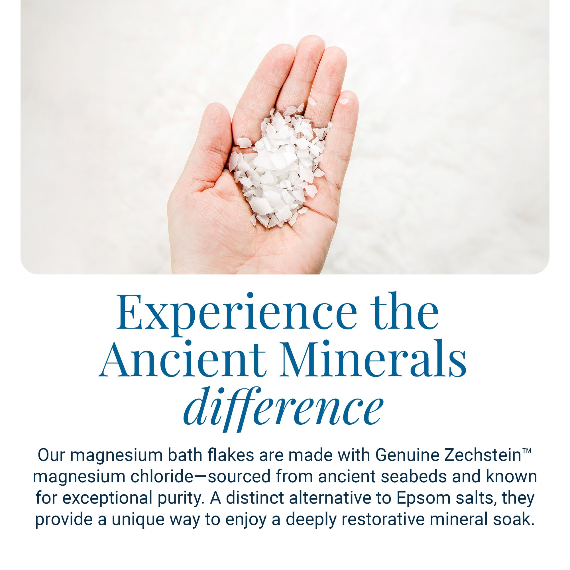 Ancient Minerals magnesium bath flakes in a warm tub for evening wind-down.