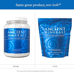 Ancient Minerals Magnesium Bath Flakes dispense close-up showing easy-to-use soak routine.