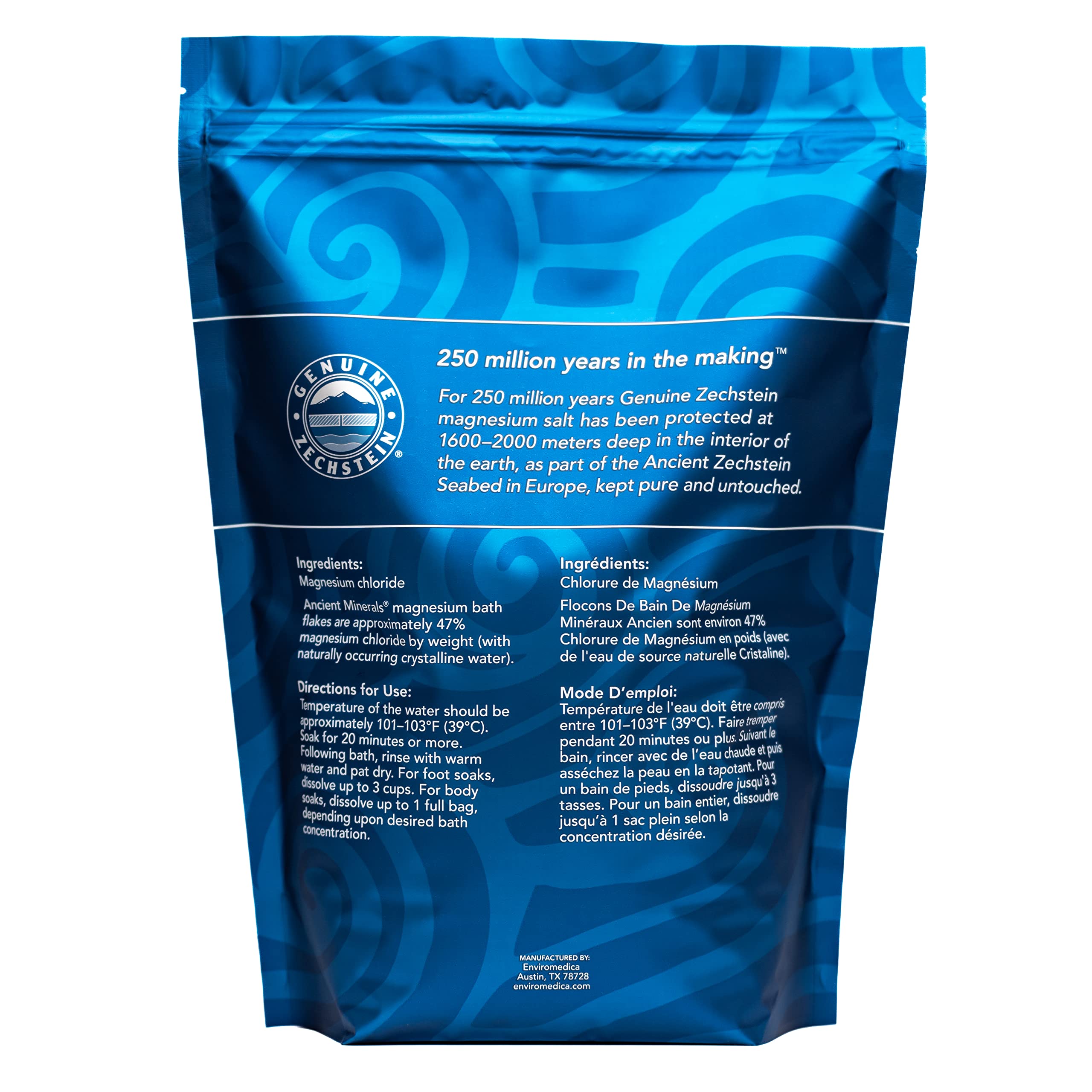 Open bag of Ancient Minerals flakes ready for a quick, skin-friendly magnesium soak.